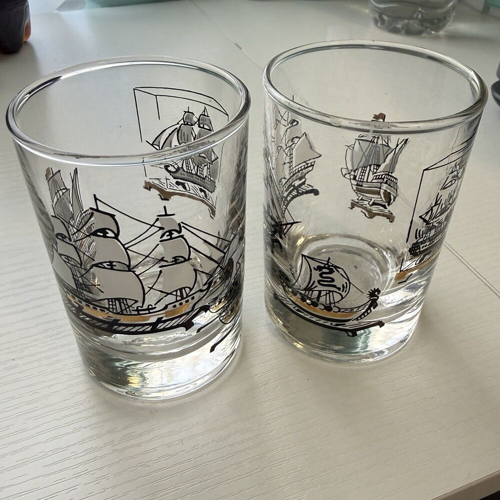 Set Of 2 Libbey Nautical Black And Gold Ship Design Whiskey Glasses
